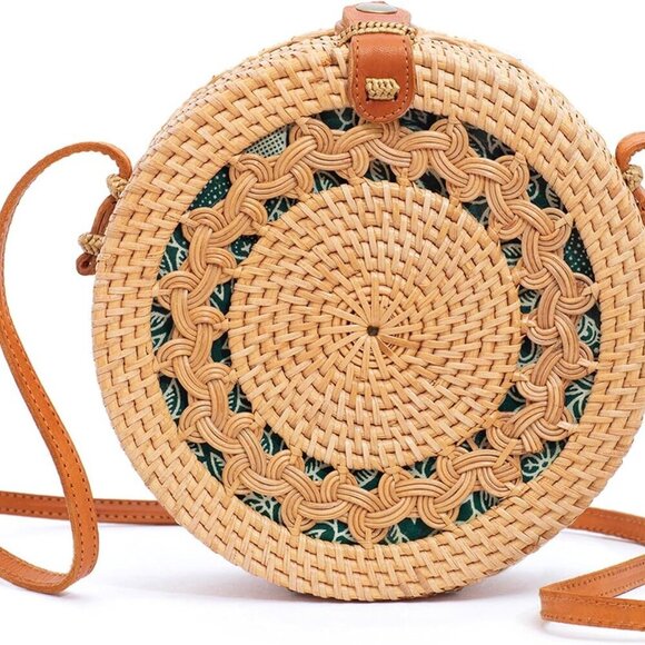 Handbags - Round Rattan Bag for Women - Handmade Straw Bags - Wicker Purse - Brown White Ci